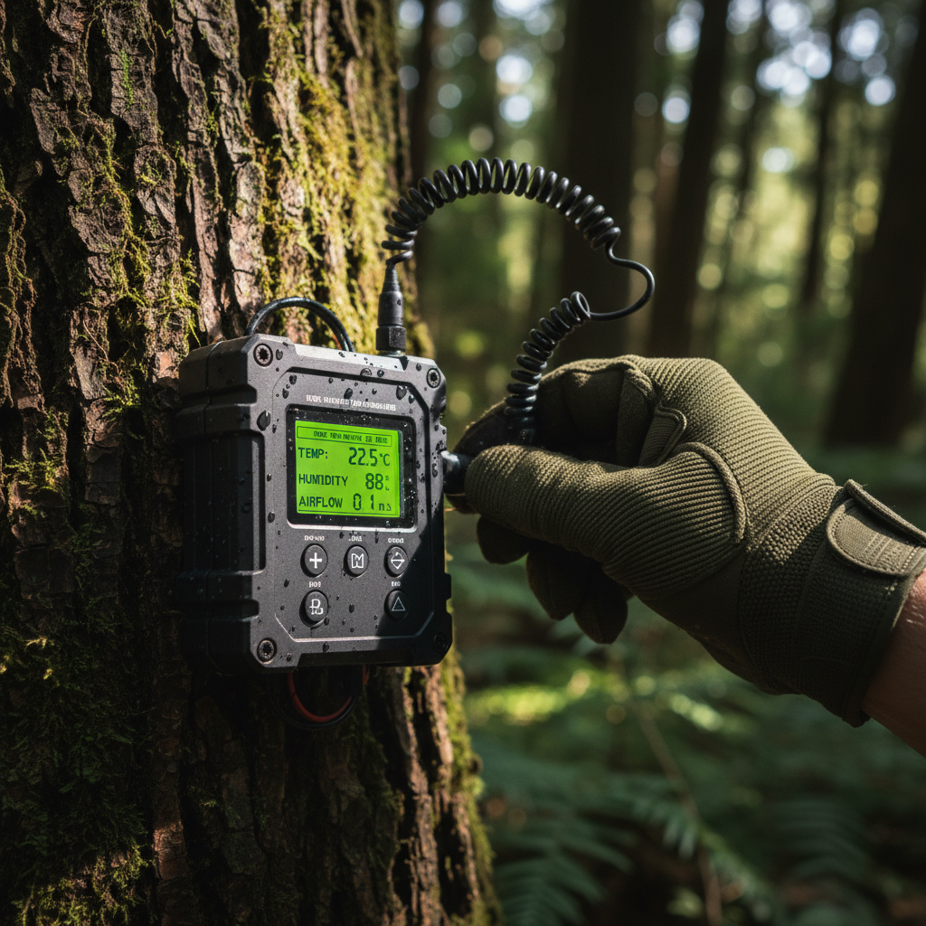 Close up of a technician adjusting a sensor device for wireless environmental monitoring on a tree in a lush green forest.
