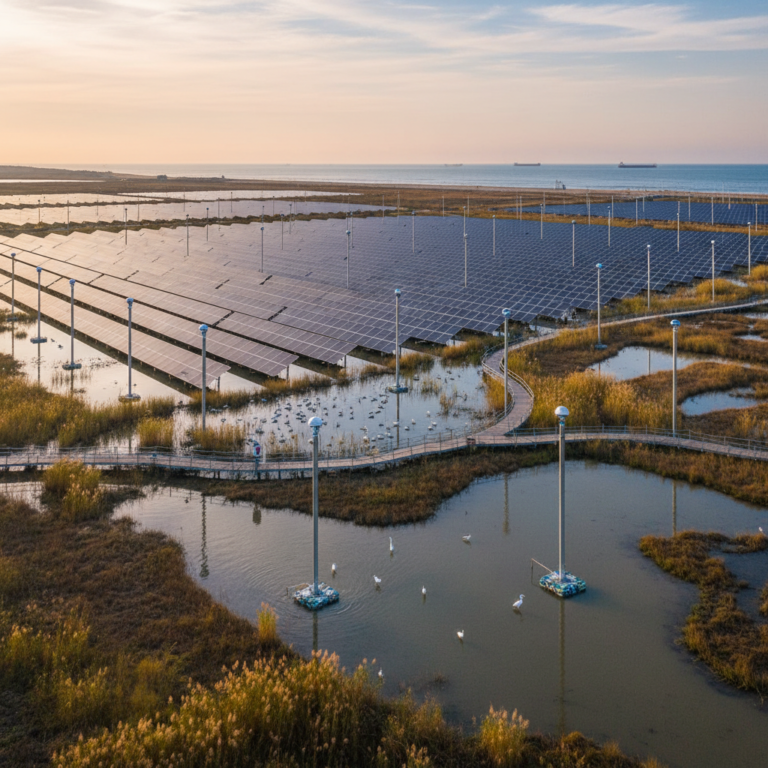Wide view of solar panels and sensor towers in a wetland illustrating large scale wireless environmental monitoring systems.