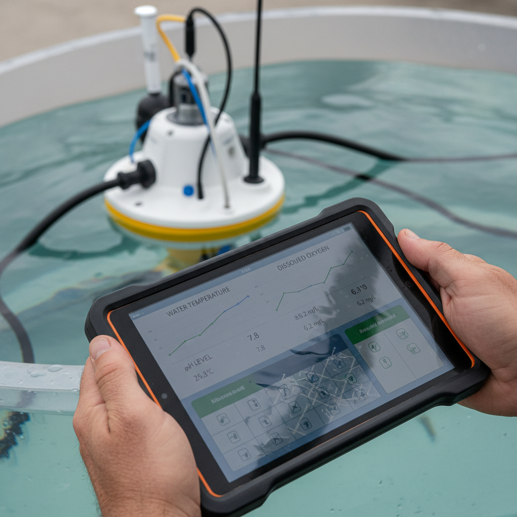 Close up of a technician using a digital tablet to check data from an automated aquaculture monitoring system outdoors.