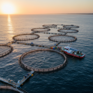 Wide aerial view of circular ocean fish pens and a support boat showing a large scale aquaculture monitoring system at sea.