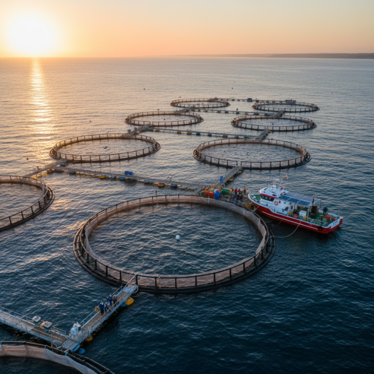 Wide aerial view of circular ocean fish pens and a support boat showing a large scale aquaculture monitoring system at sea.