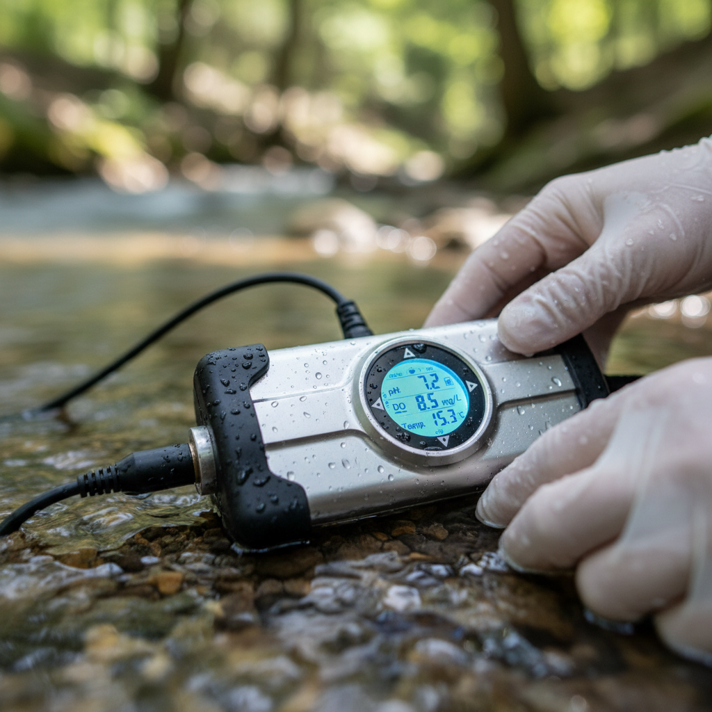 Close up of a technician adjusting a high tech water sensor for continuous environmental tracking in a natural stream.