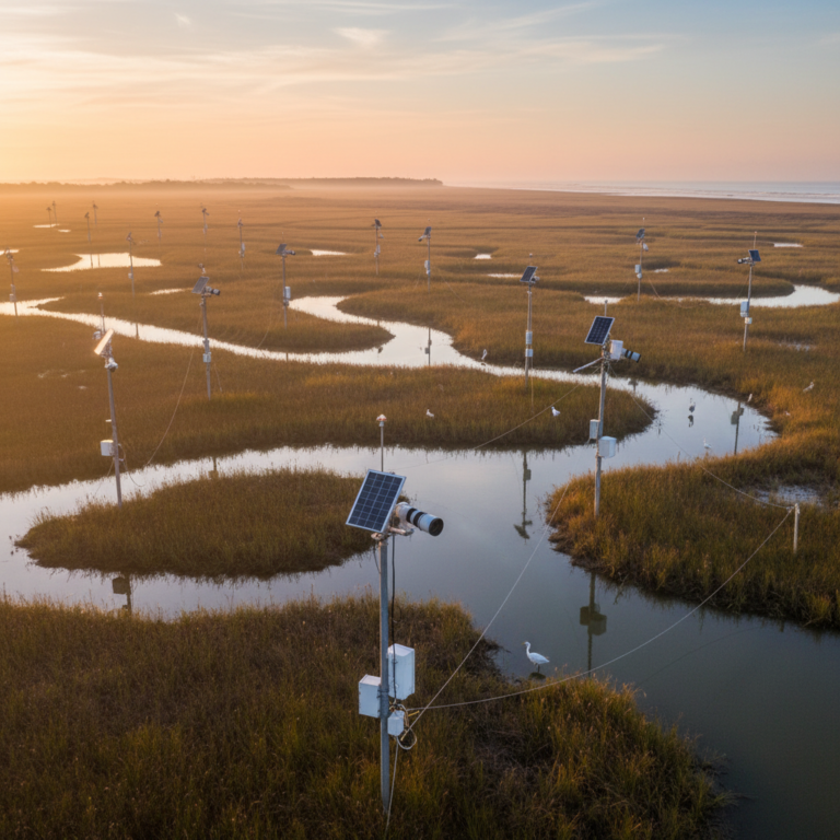 Wide panoramic view of a coastal wetland with automated stations for continuous environmental tracking during sunrise.