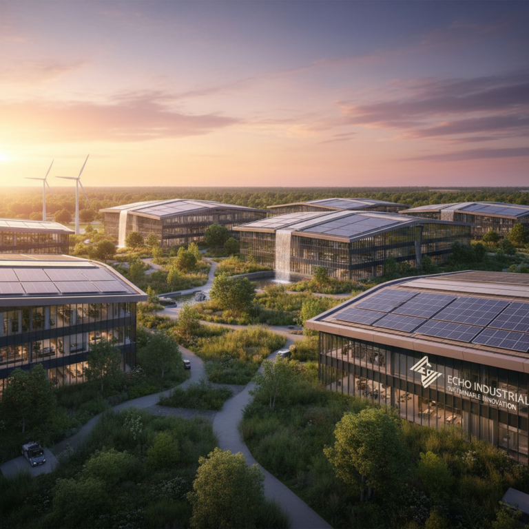A wide view of a sustainable industrial park under a sunset sky representing the evolving CSRD timeline for corporations.