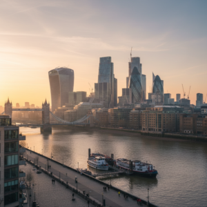 London financial district skyline at sunrise to explain how does the csrd apply to the uk for large firms.