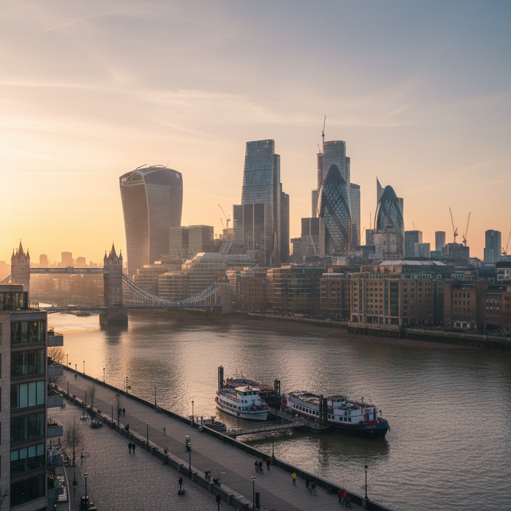 London financial district skyline at sunrise to explain how does the csrd apply to the uk for large firms.