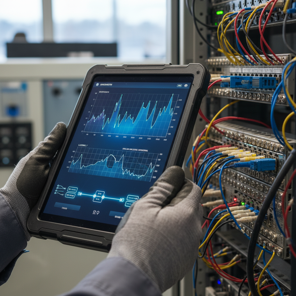 Close up of a technician using a digital tablet for energy transport tracking on industrial electrical equipment.