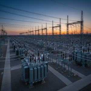 Wide view of a large power substation and transmission lines illustrating global energy transport tracking systems at sunset.