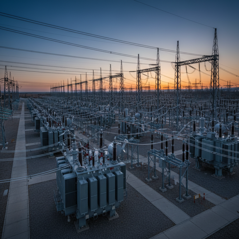 Wide view of a large power substation and transmission lines illustrating global energy transport tracking systems at sunset.