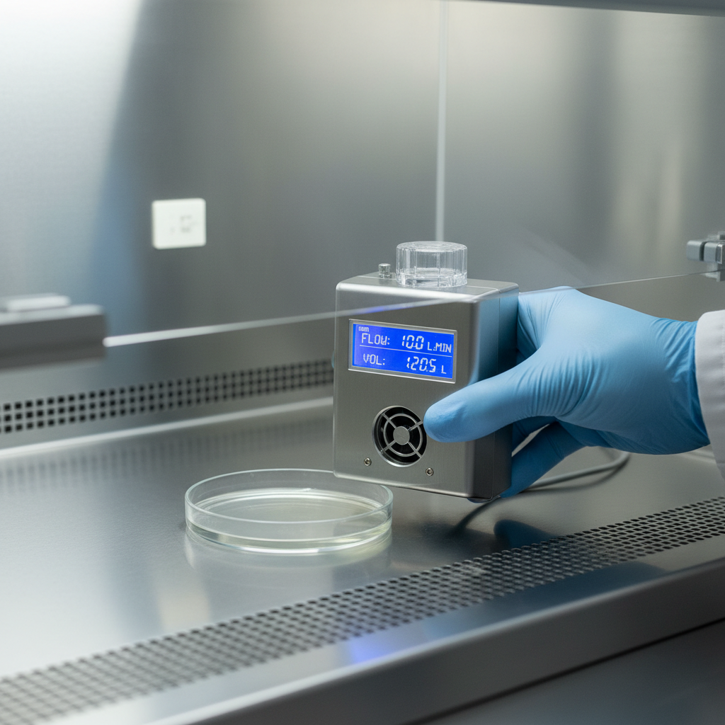Close-up of a scientist using air sampling equipment for environmental monitoring in the pharmaceutical industry.