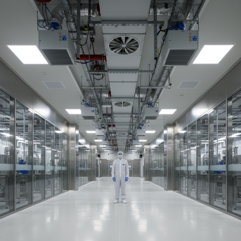 Technician in a large sterile cleanroom facility performing environmental monitoring in the pharmaceutical industry.