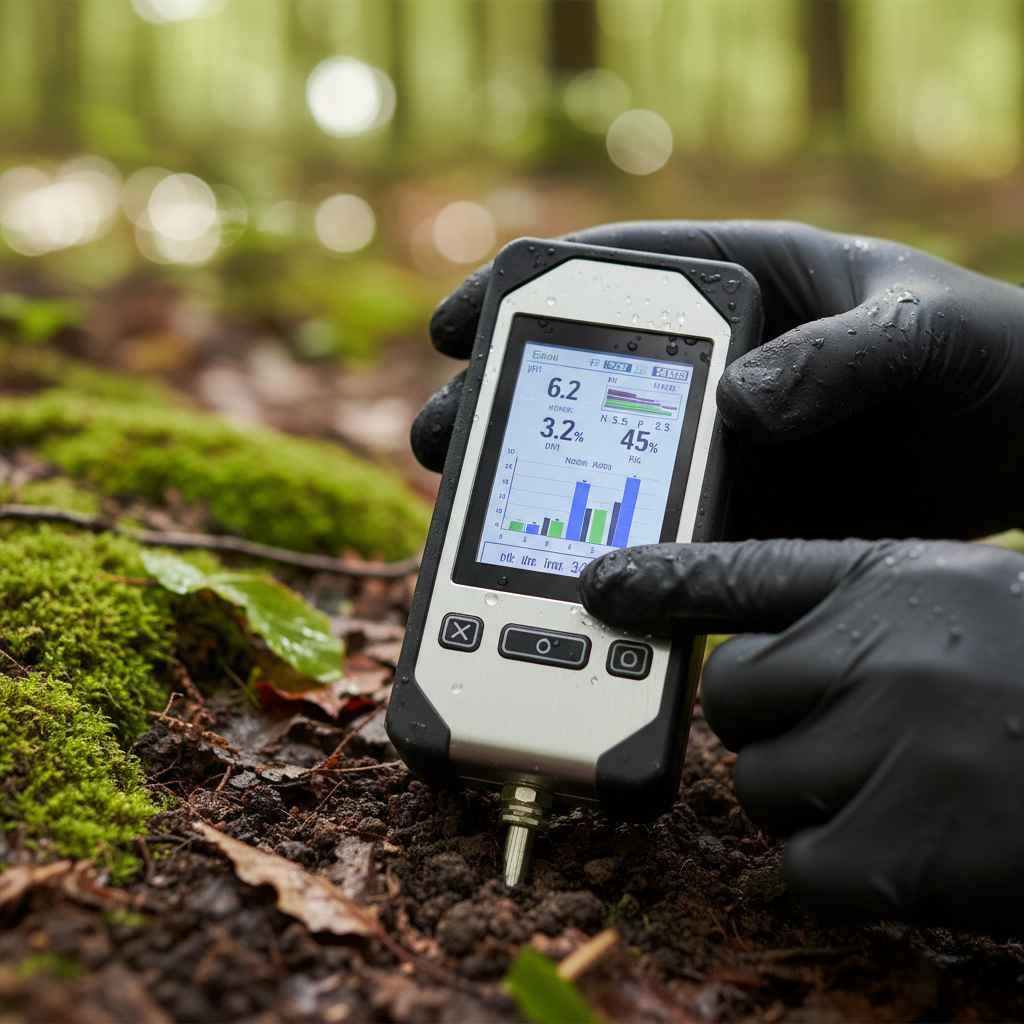 Close up of a technician using a digital soil sensor representing technical growth in the environmental monitoring market.