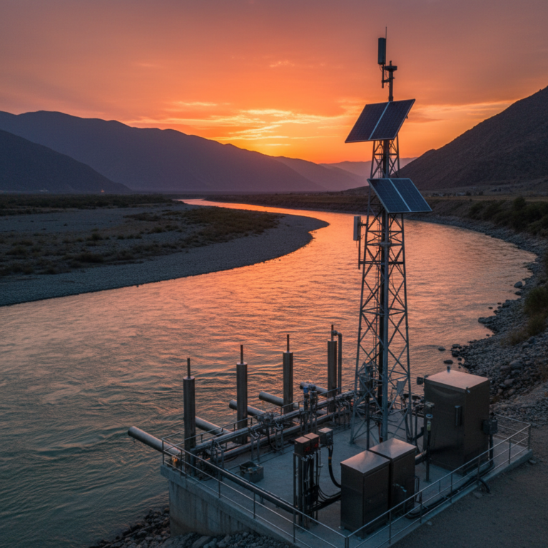Panoramic view of a river monitoring station showing the scale of the global environmental monitoring market infrastructure.