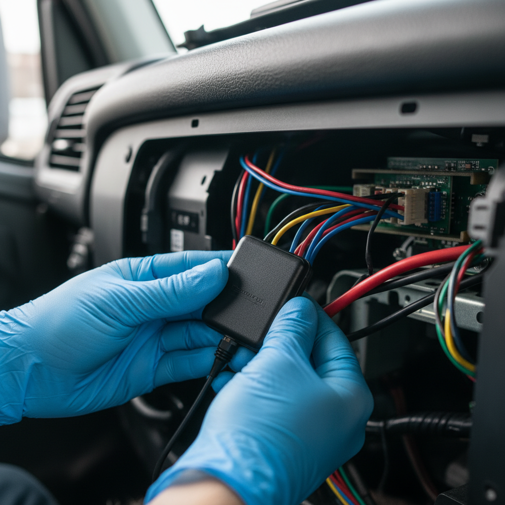 Close up of a technician installing a GPS device to show how fleet tracking works on a technical level.
