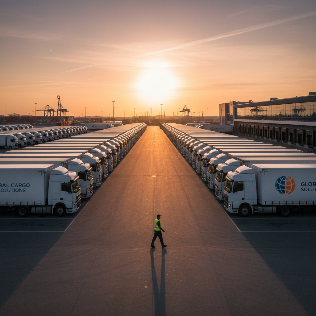 Wide shot of a truck fleet at a logistics hub illustrating how fleet tracking works through organized fleet management.