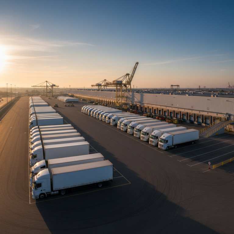 Wide view of a large truck fleet at a terminal to analyze how much does fleet tracking cost for logistics.