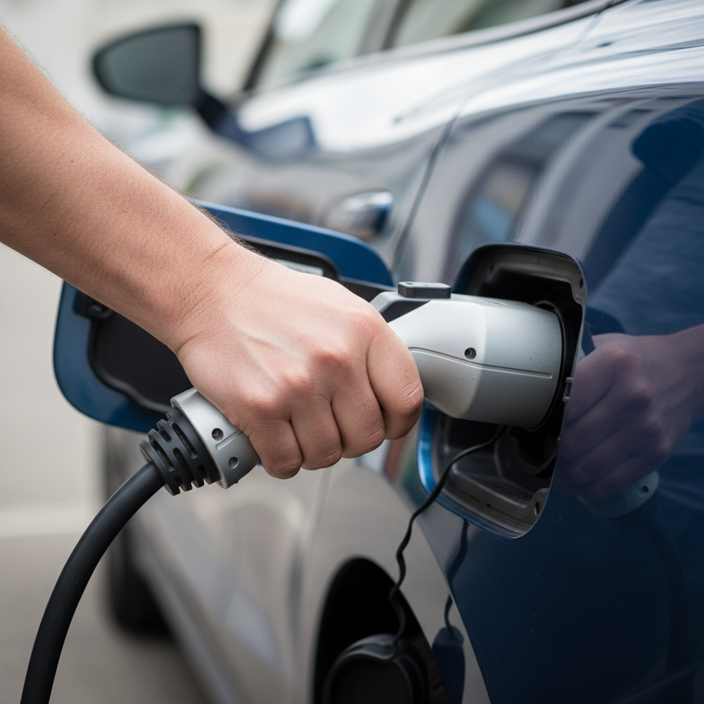 Close up of an electric car being charged outdoors as a practical way on how to reduce carbon footprint daily.