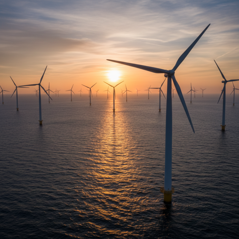 Wide view of offshore wind turbines in the ocean at sunset showing how to reduce carbon footprint through clean energy.