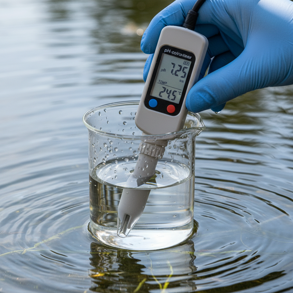 Close up of a digital sensor in water demonstrating a technical step in how to reduce ph in aquaculture.