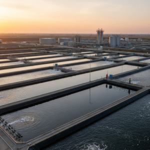 Wide panoramic view of large fish ponds showing how to reduce ph in aquaculture at an industrial scale facility.