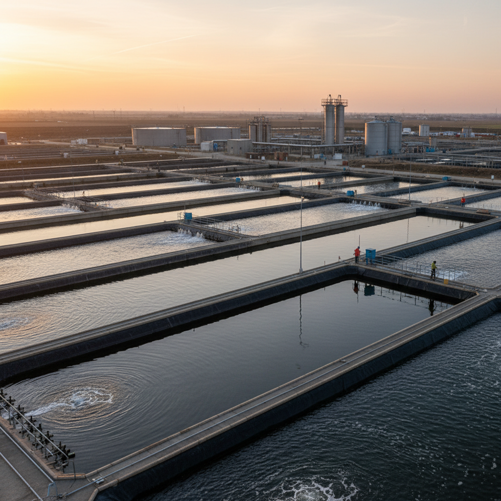 Wide panoramic view of large fish ponds showing how to reduce ph in aquaculture at an industrial scale facility.