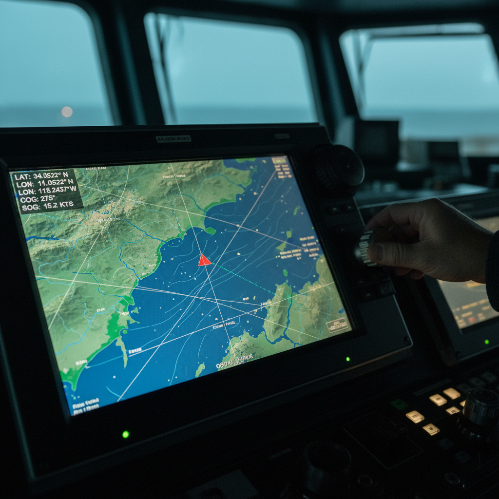 Close up of a digital navigation screen and radar display explaining how to track a boat at sea using GPS.