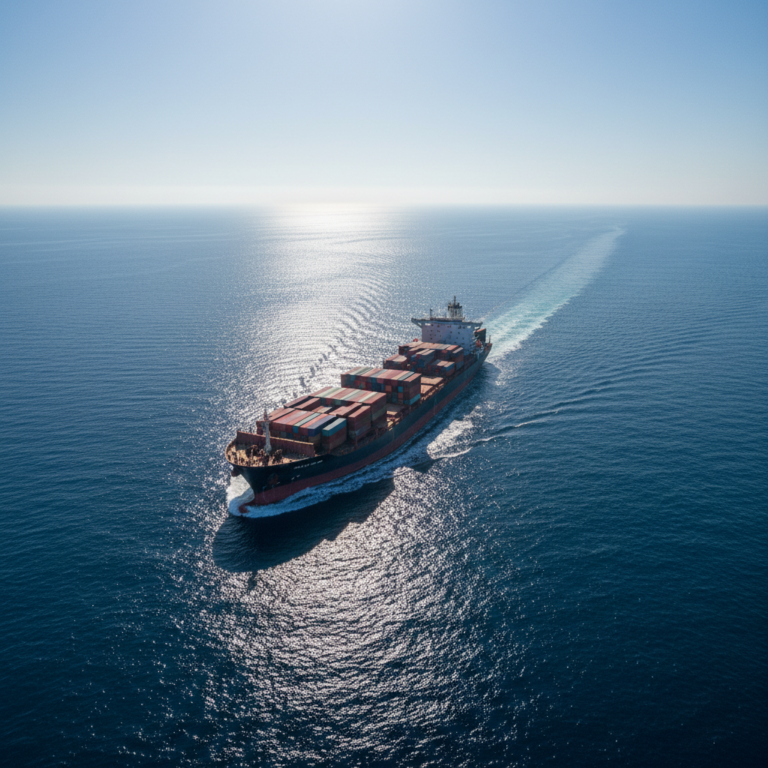 Wide aerial view of a ship in the vast ocean showing how to track a boat at sea through satellite surveillance.