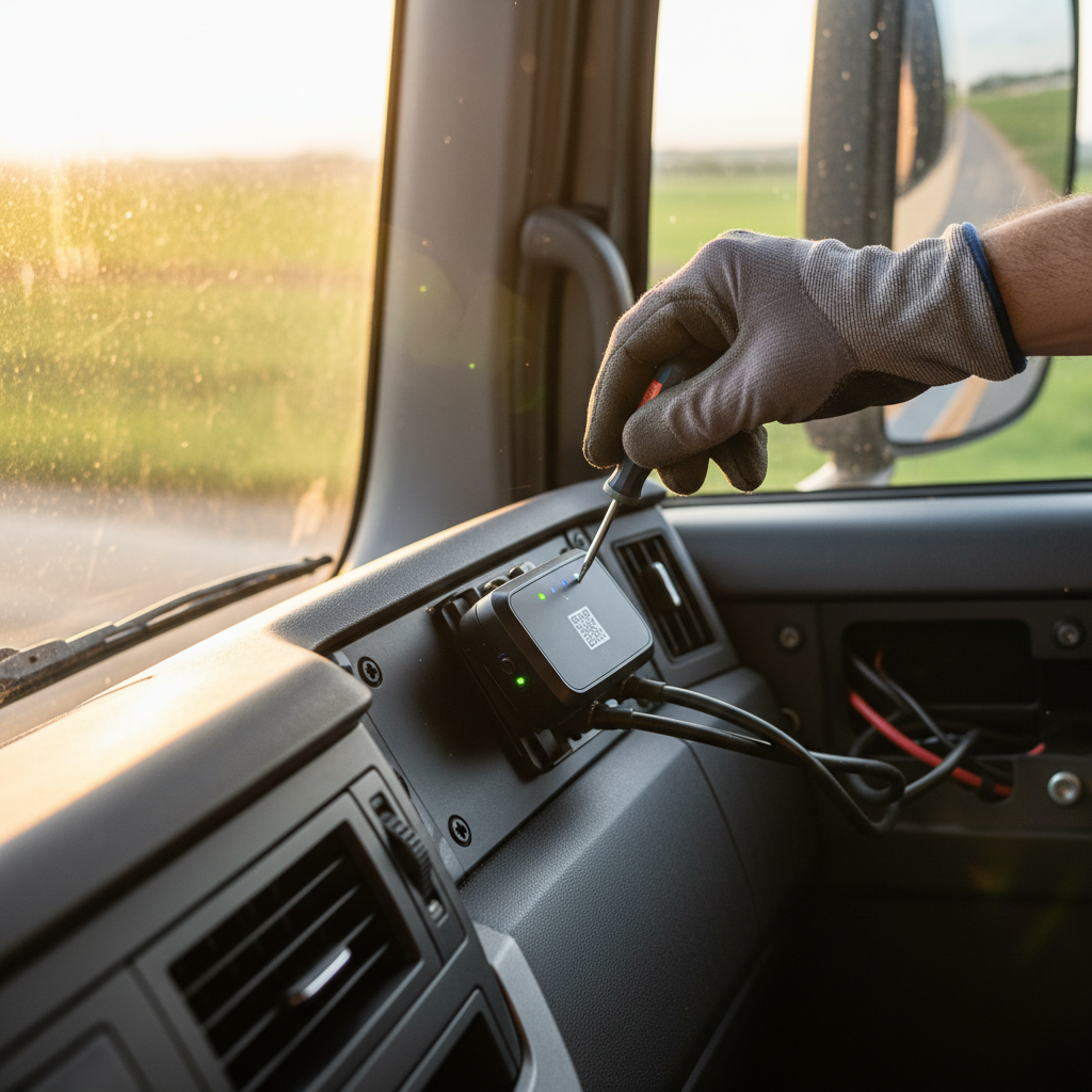 Close up of a technician installing a GPS device in a truck cab to demonstrate how to track my fleet using modern hardware.
