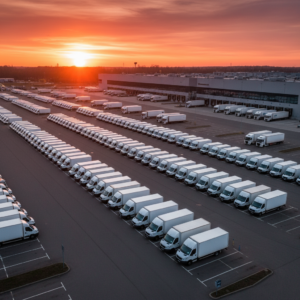 Panoramic view of a large commercial vehicle lot showing a diverse transport group for how to track my fleet efficiently.