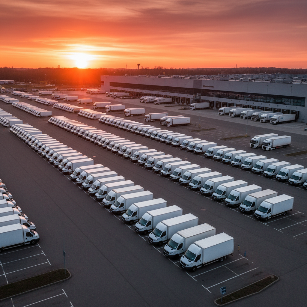 Panoramic view of a large commercial vehicle lot showing a diverse transport group for how to track my fleet efficiently.