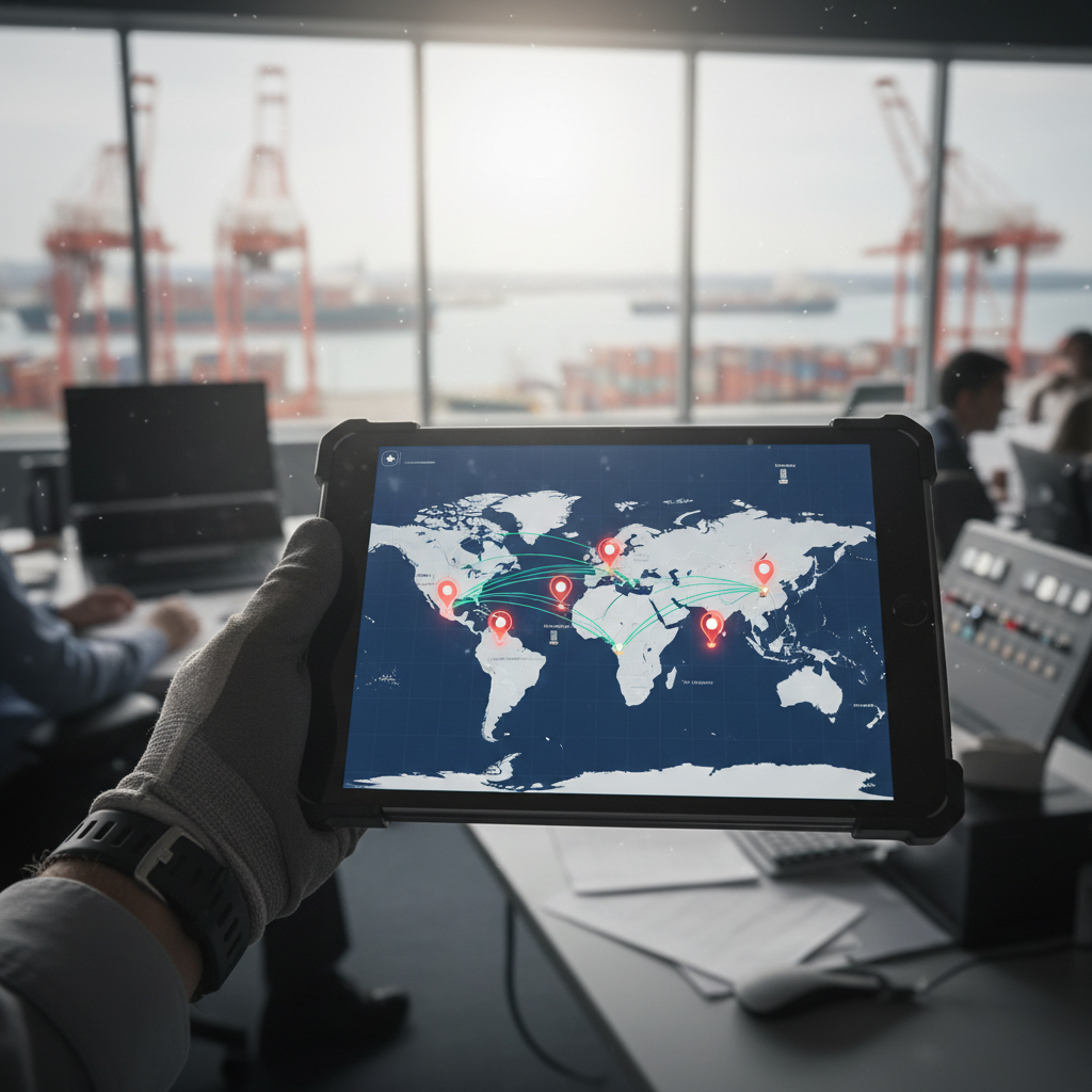 Close up of a digital tablet showing a logistics map explaining how to track ocean freight in real time.