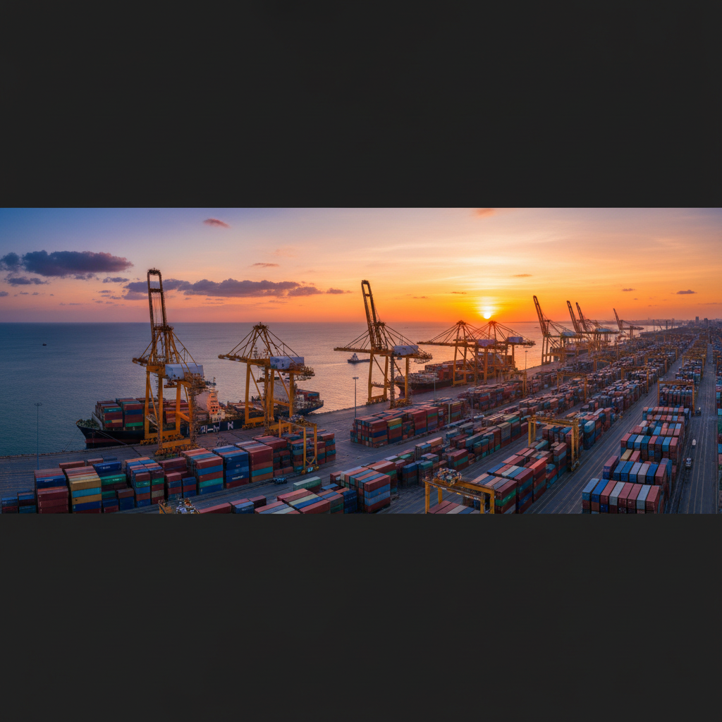 Wide view of a busy container port at sunset showing how to track ocean freight through global shipping infrastructure.