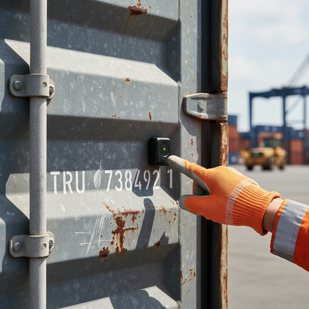 Close up of a tracking sensor and serial number on a metal container for someone learning how to track ocean shipment.