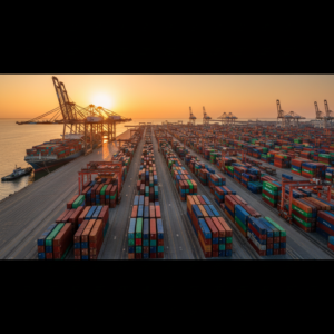 Wide view of a busy cargo port terminal showing containers and cranes to explain how to track ocean shipment accurately.