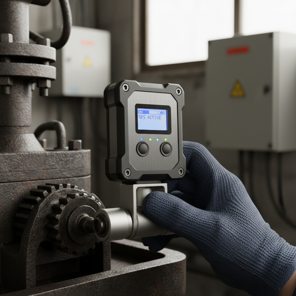Close up of a hand holding a compact device among iot tracking sensors installed on industrial equipment in a factory.