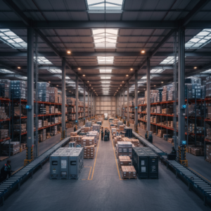 Wide view of a large smart warehouse showing the scale of logistics operations using integrated iot tracking sensors.