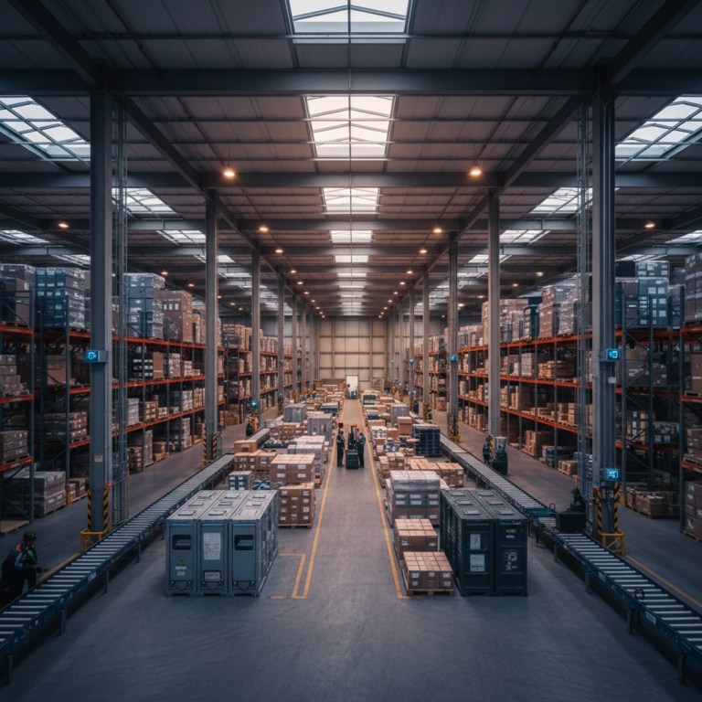 Wide view of a large smart warehouse showing the scale of logistics operations using integrated iot tracking sensors.