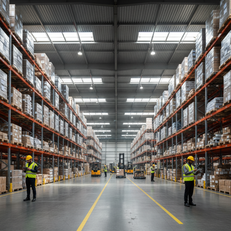 Wide view of a large industrial warehouse where specialists use modern technology to locate lost assets and manage inventory.