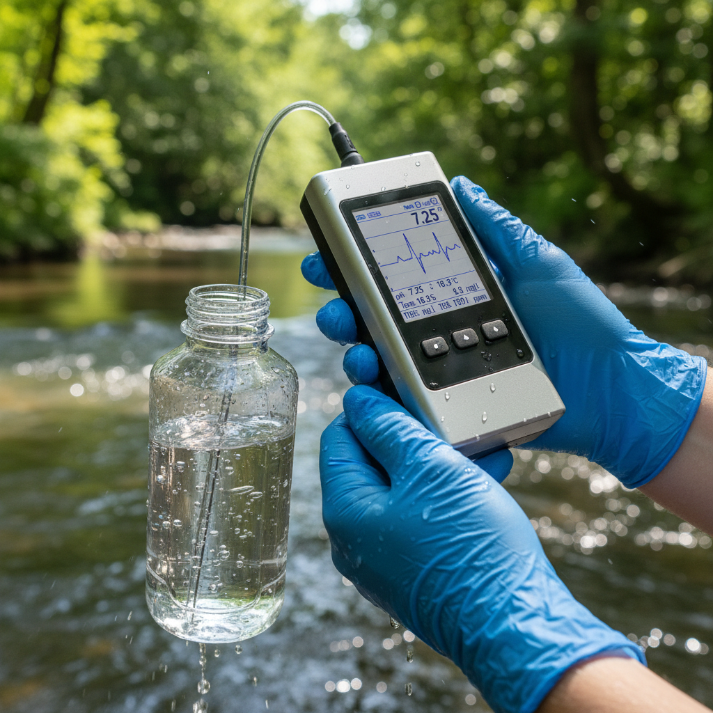 Close up of a technician using a digital sensor as one of the methods of monitoring water quality in a natural river.