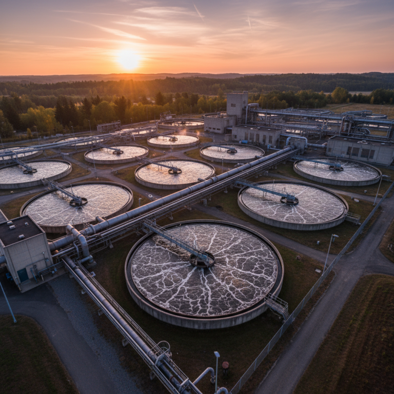 Wide view of a treatment plant at dawn showing industrial scale methods of monitoring water quality in large basins.