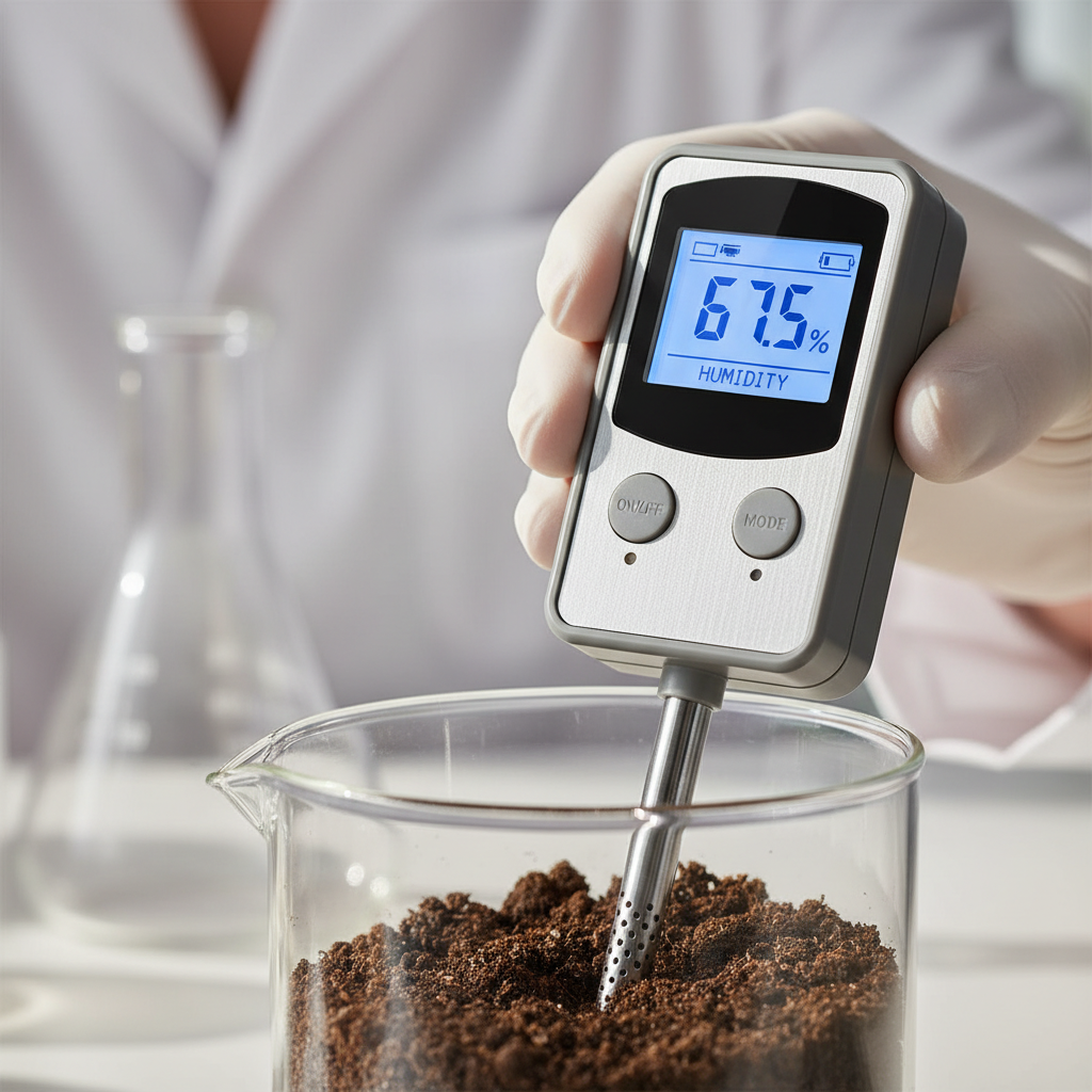 A close up of a technician using a portable moisture tracker to check the water content in dark organic soil.