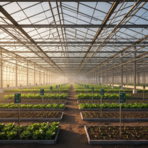 Wide view of a modern industrial greenhouse using a moisture tracker system to monitor soil hydration levels at large scale.