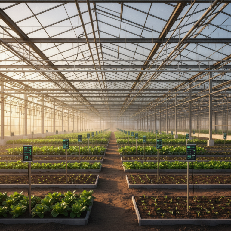 Wide view of a modern industrial greenhouse using a moisture tracker system to monitor soil hydration levels at large scale.