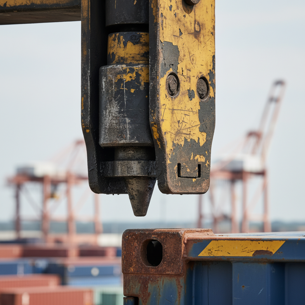 Close up of a heavy crane spreader locking onto a container illustrating technical port logistics in action.