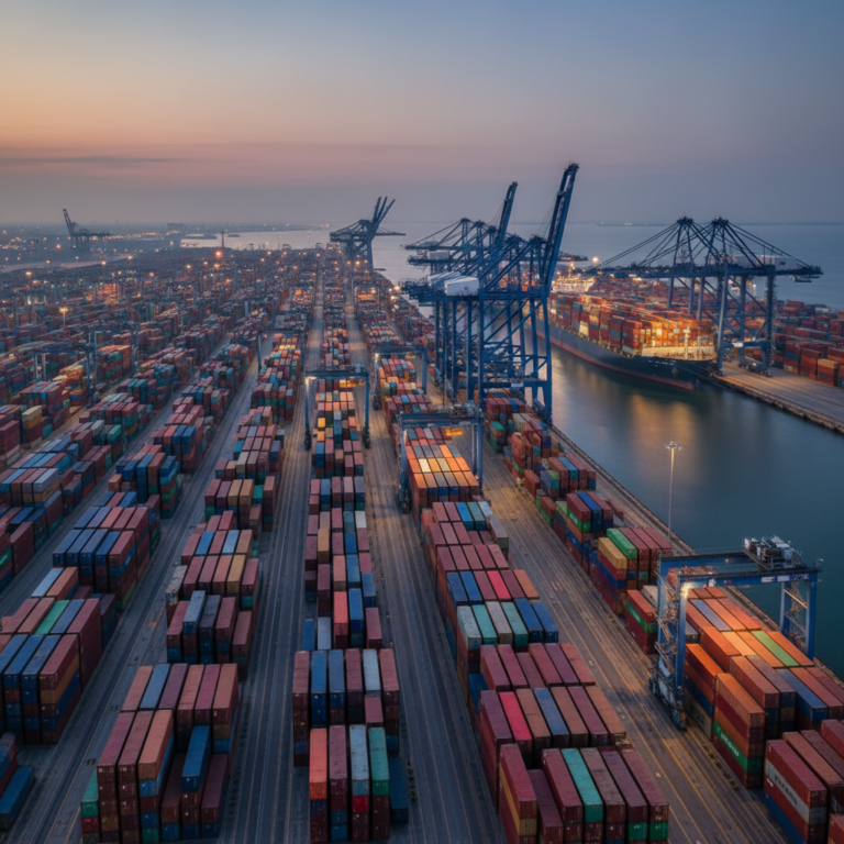 A wide panoramic view of a busy shipping terminal showing cranes and containers for global port logistics operations.