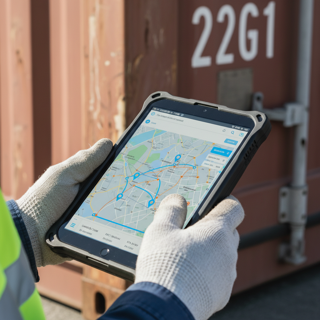 Close up of a technician using a digital tablet for sea container tracking at a shipping dock during the day.