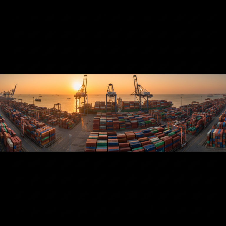 Aerial view of a busy port terminal with cranes and stacked cargo illustrating global sea container tracking systems.