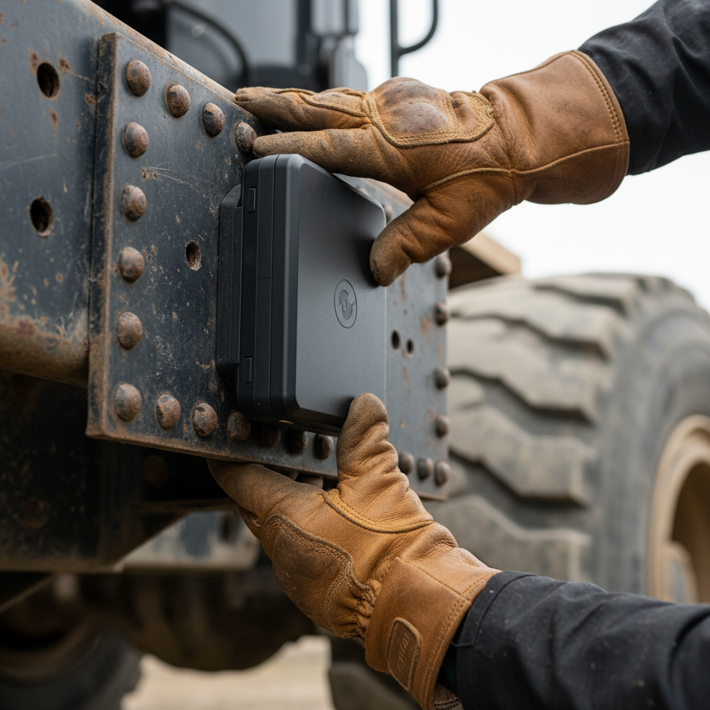 A close up of a technician installing the best gps tracker for assets on a piece of industrial heavy equipment.