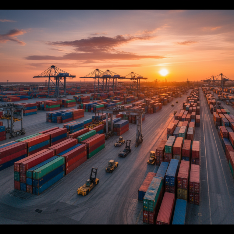 Wide view of a shipping terminal representing the best gps tracker for assets used in large scale logistics operations.