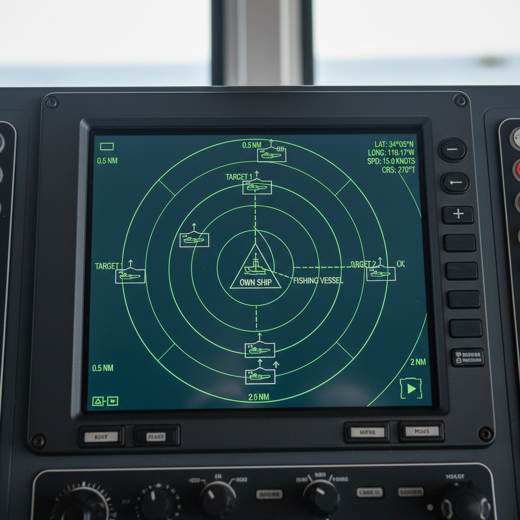 Close up of a digital radar screen displaying data points used to track ships in the ocean during a night shift.